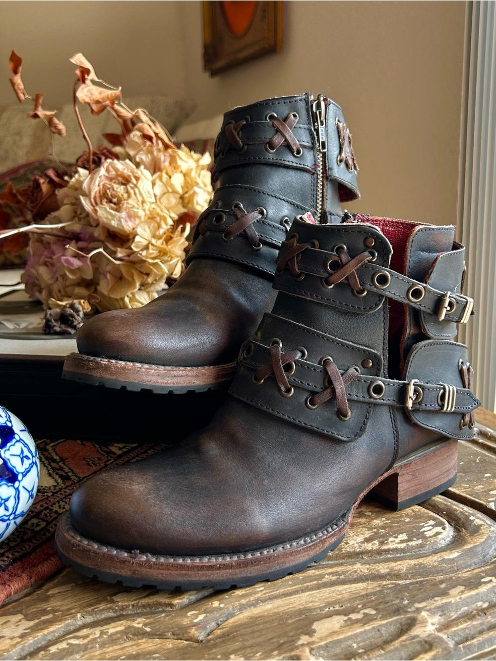Freebird by Steven Leather Harness Moto Combat Ankle Boots Size 6 Boho Western G